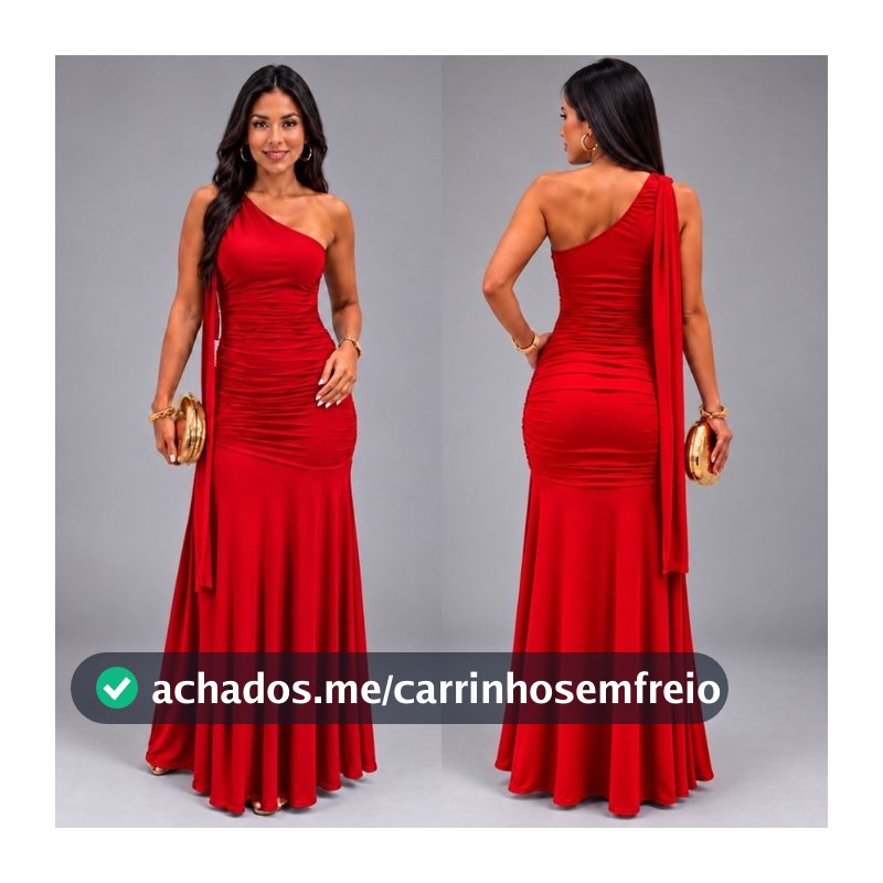 Vestido longo vermelho feminino de alça única com babado e recorte justo