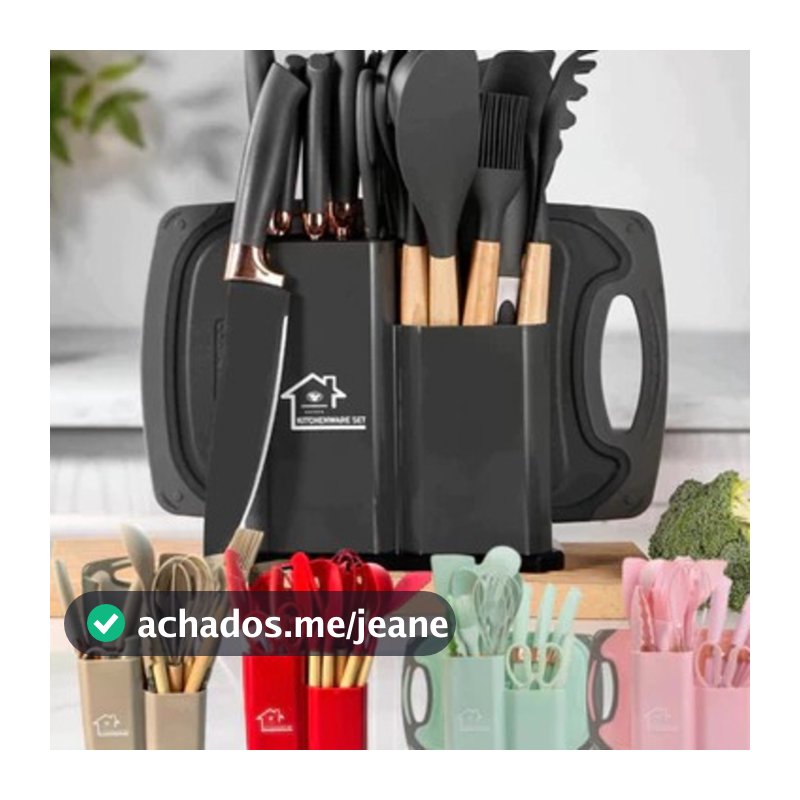 Kit Utensílios de Cozinha 12/19 Peças • Silicone com Cabo de Madeira • Completo e Resistente