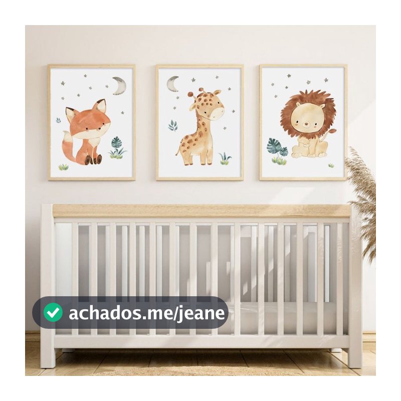 quadro decorativo infantil safari leão girafa raposa fofos 3 peças