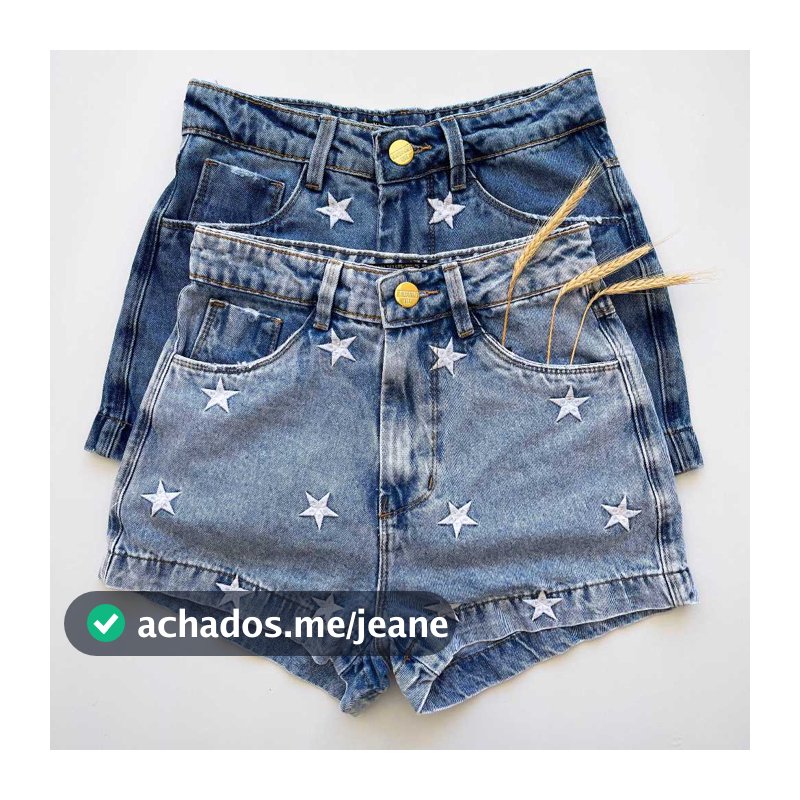 Short jeans feminino cintura alta bordado estrela