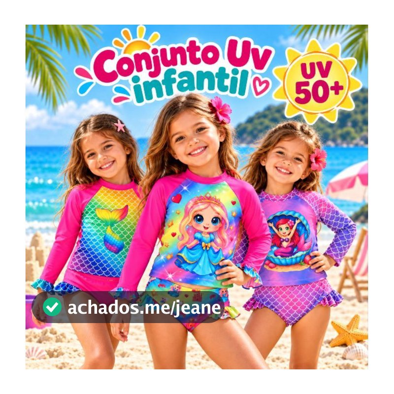 Conjunto UV Infantil Menina Proteção Solar UV50+ Blusa Manga Longa Biquíni Praia Piscina Moda Praia