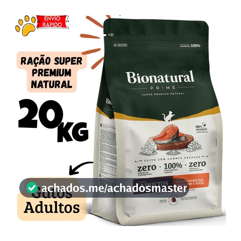 Ração Bionatural Prime Gatos Adultos 20kg Super Premium Natural Salmão Maracujá Cranberry e Aveia
