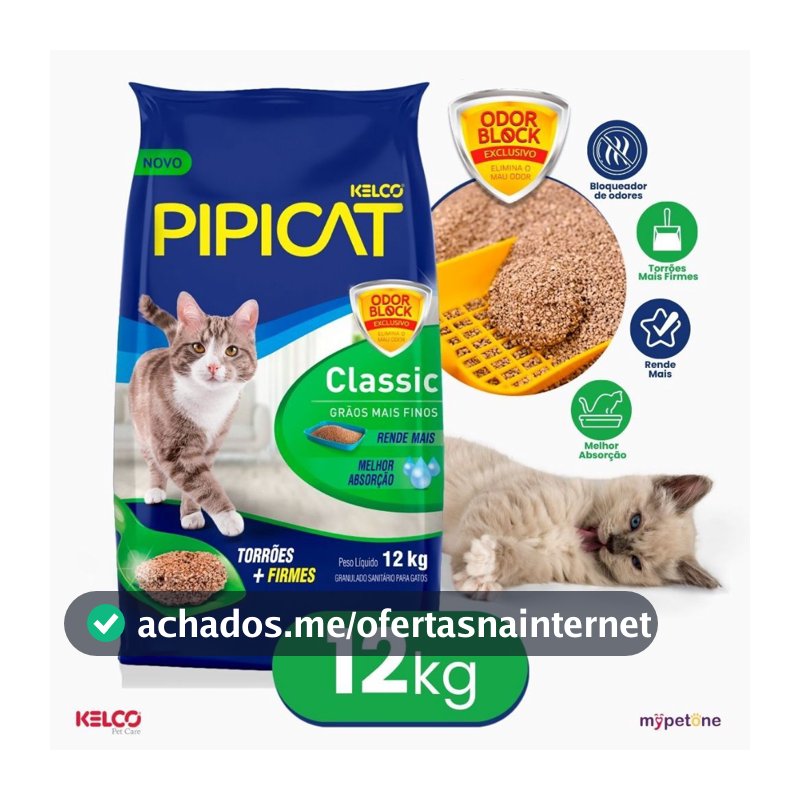 Areia Higiênica Pipicat Classic Grãos Mais Finos 12 kg