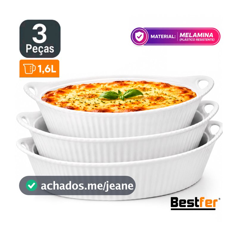 Conjunto Jogo de Travessas 3 peças 1,6L Oval em Melanina Bestfer PMG Branca opaline