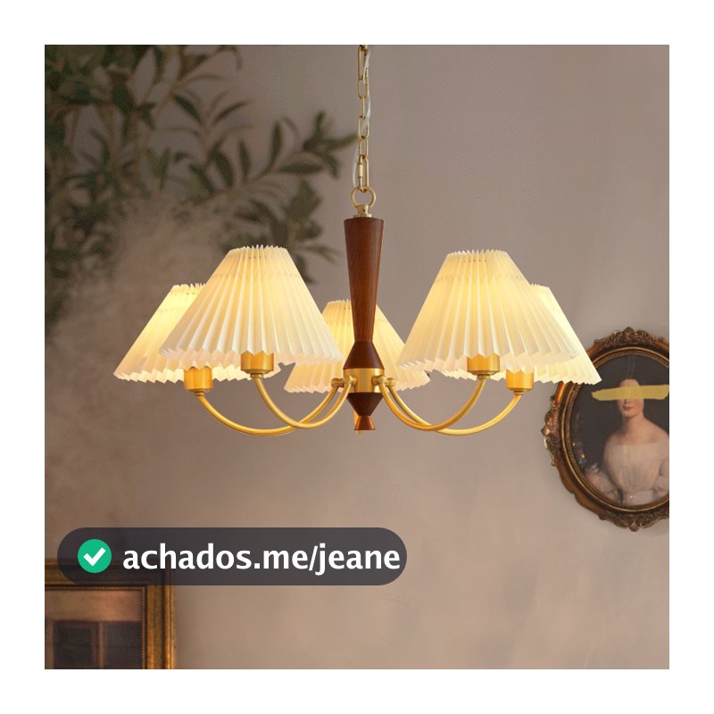 VIMI Lustre De Tecido Plissado Retrô Francês De 5 Cabeças, Luminária Pendente De Madeira Nórdica, Teto, Quarto, Sala