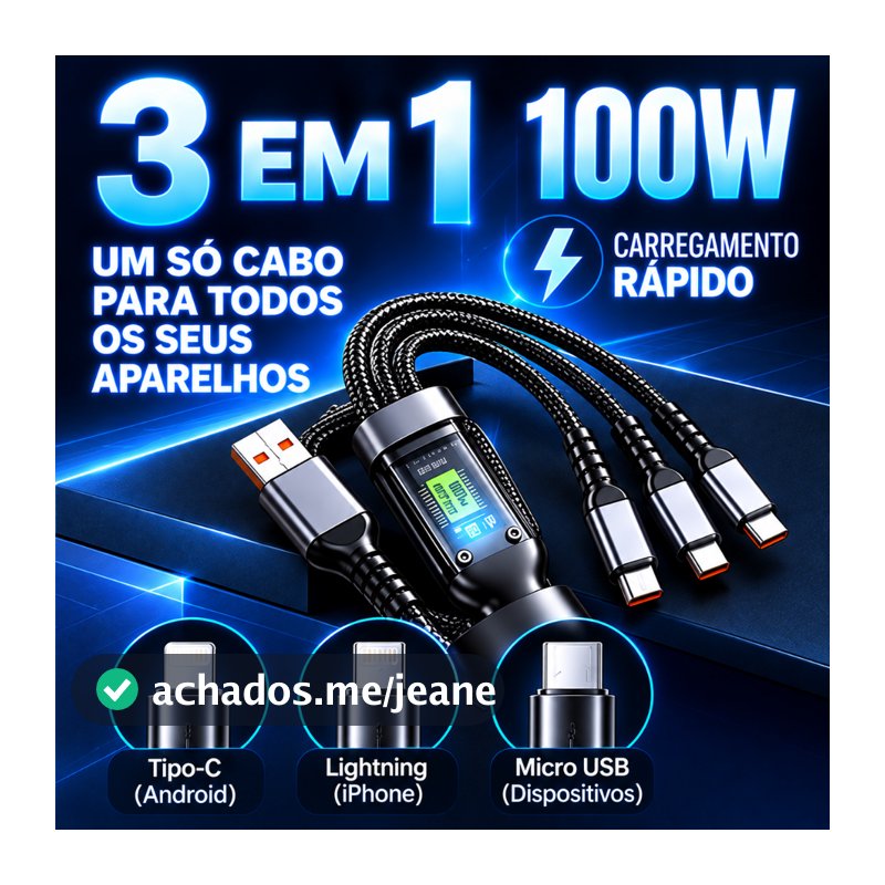 Cabo De Carregamento 3 Em 1 De Liga De Zinco 100W 6A Carregador Super Rápido USB-A1