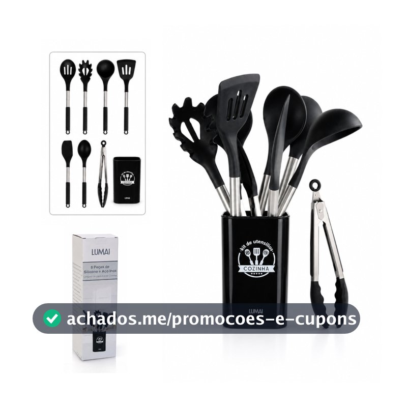 Lumai Kit Utensílios de Cozinha Silicone Cabo Inox 8 Peças Espátula Colher Concha Balde Berlim