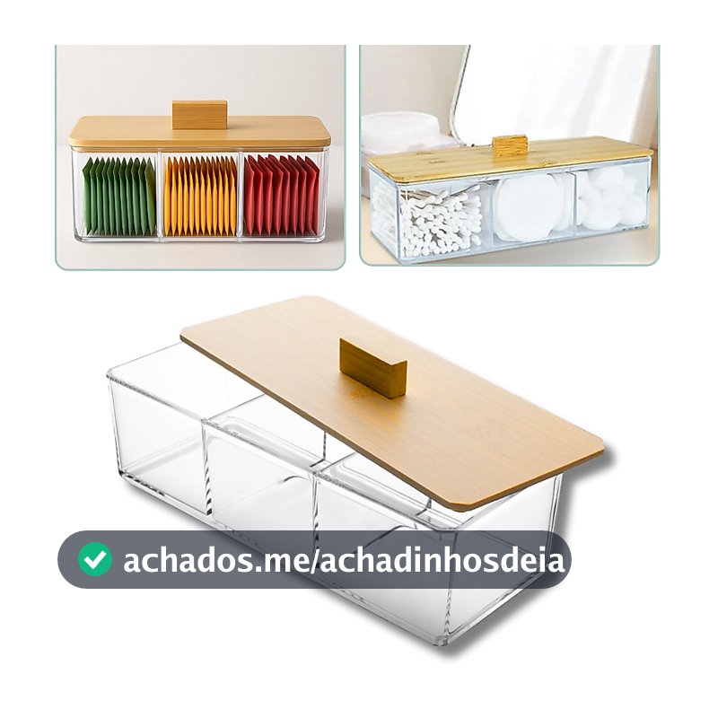 Caixa Organizadora Acrílica Porta Saches De Chá Porta Joia Com 3 Divisórias E Tampa De Bambu