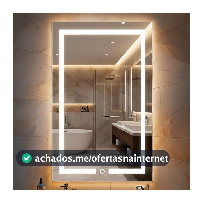 Espelho Jateado Retangular 80x50 cm com LED 3 Cores e Botão Touch para Banheiro Lavabo Penteadeira