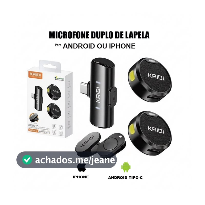 Microfone Profissional Sem Fio Duplo Lapela Redondo para Iphone ou Android Kaidi