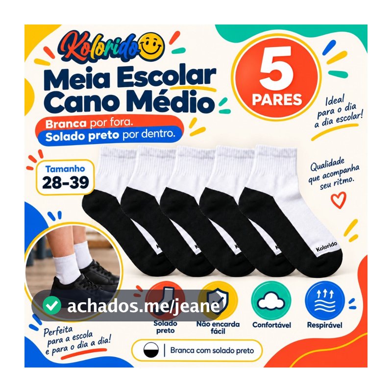 Kit 5 Pares Meia Escolar Cano Médio Infantil Algodão Reforçada Branca e Preta