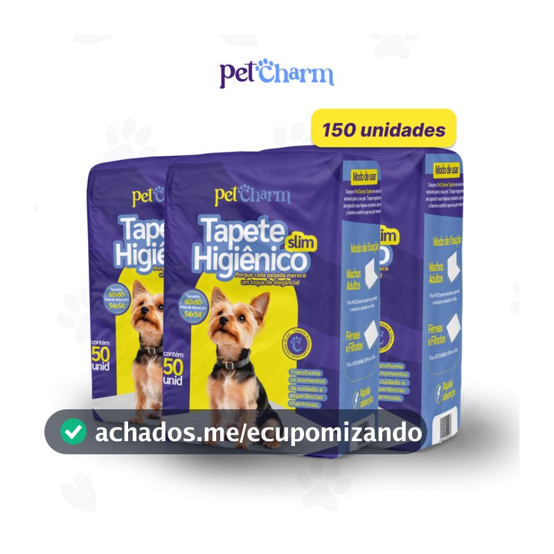Kit 150 unid Tapete Higiênico PetCharm Slim -Tamanho 50cm x 60cm Para Cachorros