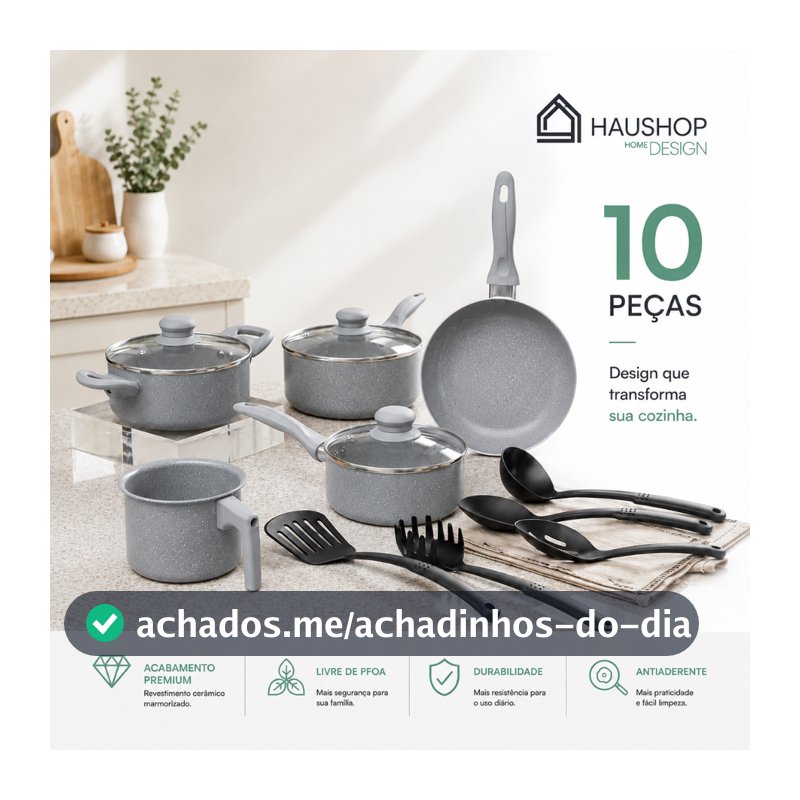 Jogo de Panelas Cerâmico Haushop 10 Peças Antiaderente Marmorizado com Tampa de Vidro Cozinha Completa