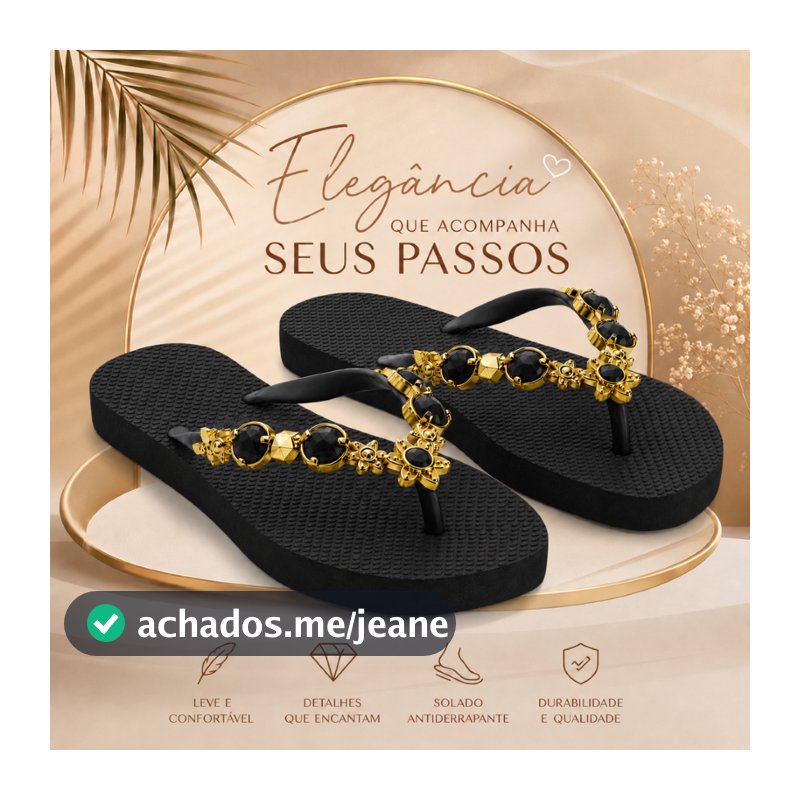 Chinelo Feminino Preto Pedraria Com Aplicação De Brilhos Sofisticado E Confortável Para O Dia A Dia