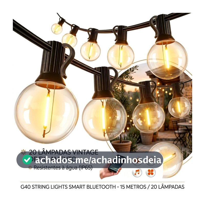 Varal De Luzes Led 15m/20m/30m Com Lâmpadas Controle Bluetooth G40 Decoração Jardins Terraços Bivolt