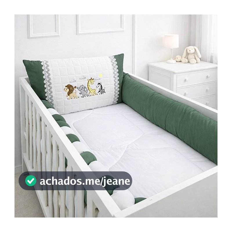 Kit Berço Verde Musgo Menino Safari - 100% 400 Fios - Confortável - Delicado - Lindo - Jogo Afeto 9 Peças