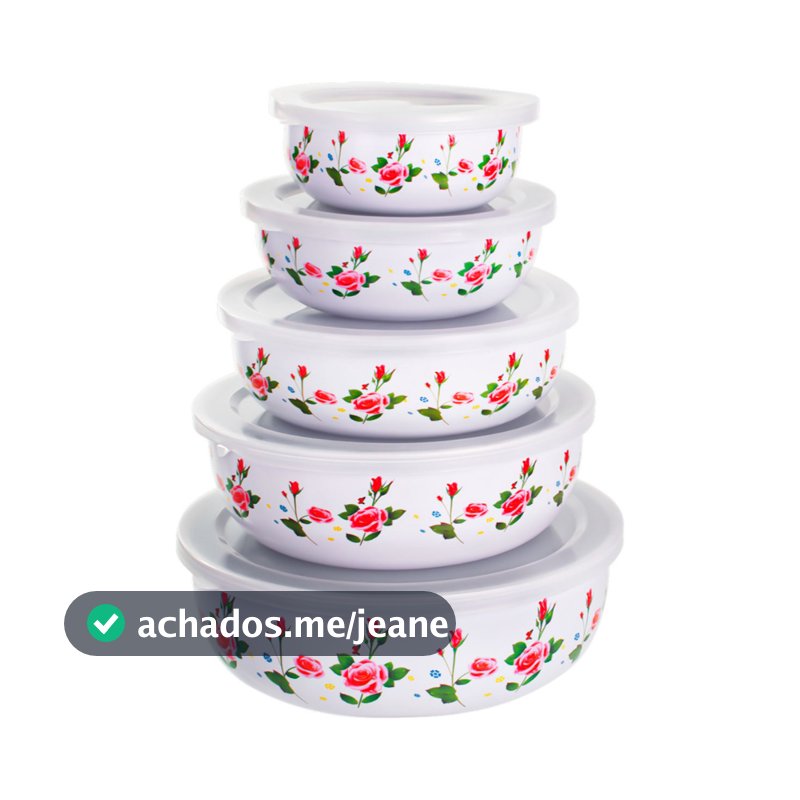 Jogo Tigelas E Potes Esmaltado 5 Pecas Com Tampa Plastica Promoção