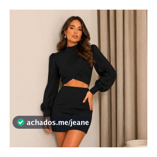 Conjunto Feminino Esther Cropped Manga Bufante Comprida Saia Curta Cintura Alta Elegante Festa