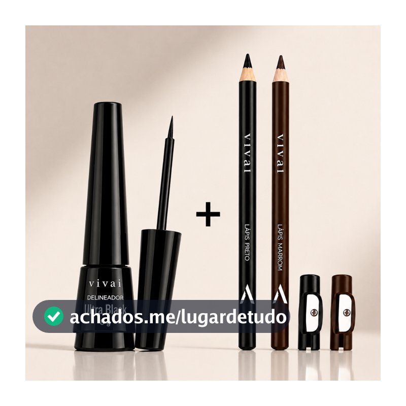 Kit Delineador Líquido e 2 Lápis de Olho Preto e Marrom Vivai Ultra Black Longa Duração Alta Pigmentação Profissional