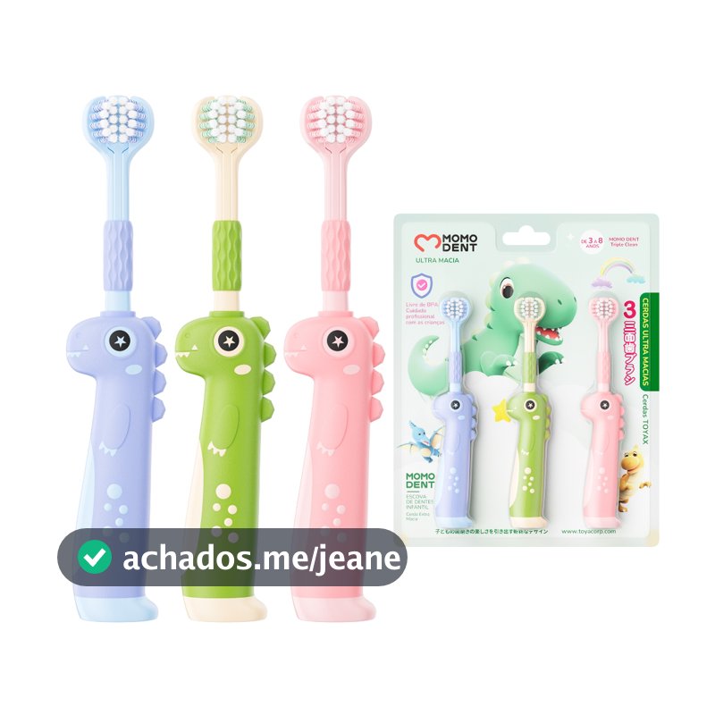 MOMODENT Escova Dental 3 Lados Para Crianças - Design Dinossauro, Antibacteriana, 3 Cores
