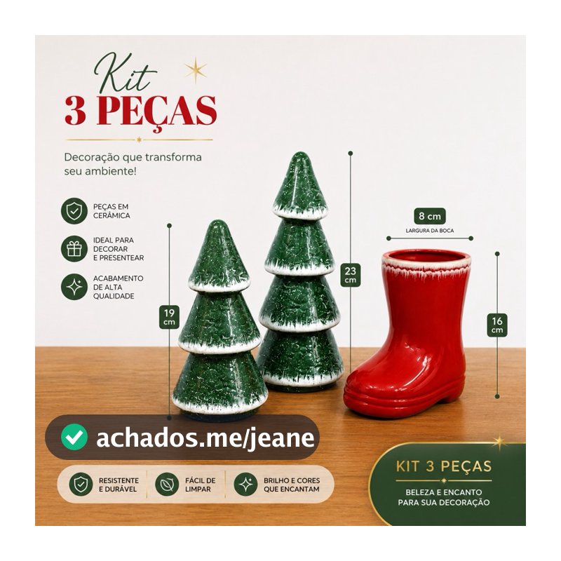 Kit Decorativo Natalino 3 Peças Enfeite De Natal Árvore Bota Mesa Posta Aparador Presente Casa Decorada