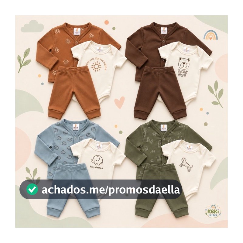 Kit Minimalista Menino 3 peças Body Bebê Cardigan Manga Curta e Calça RN ao GG - 100% algodão