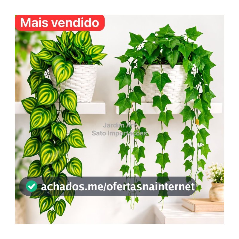 1 Planta Artificial Hera Ivy Pendente + Vaso Vime Trançado BRANCO Arranjo Decorativo Completo Suspenso PT11BRANCO