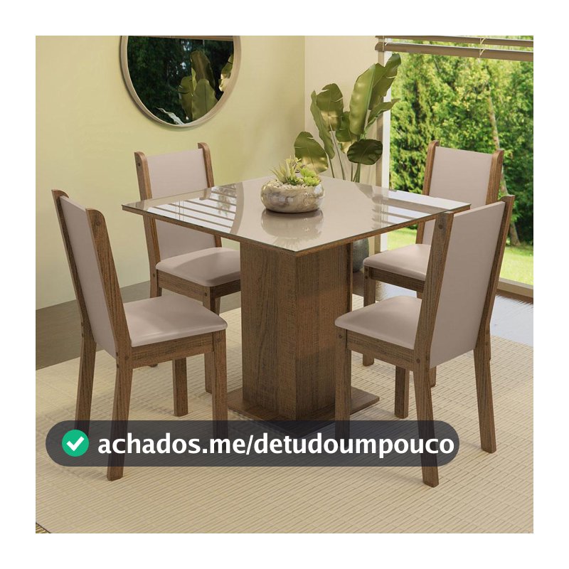 Conjunto Sala de Jantar Mesa Tampo de Vidro 4 Cadeiras Rustic/Crema/Bege Tifani Madesa