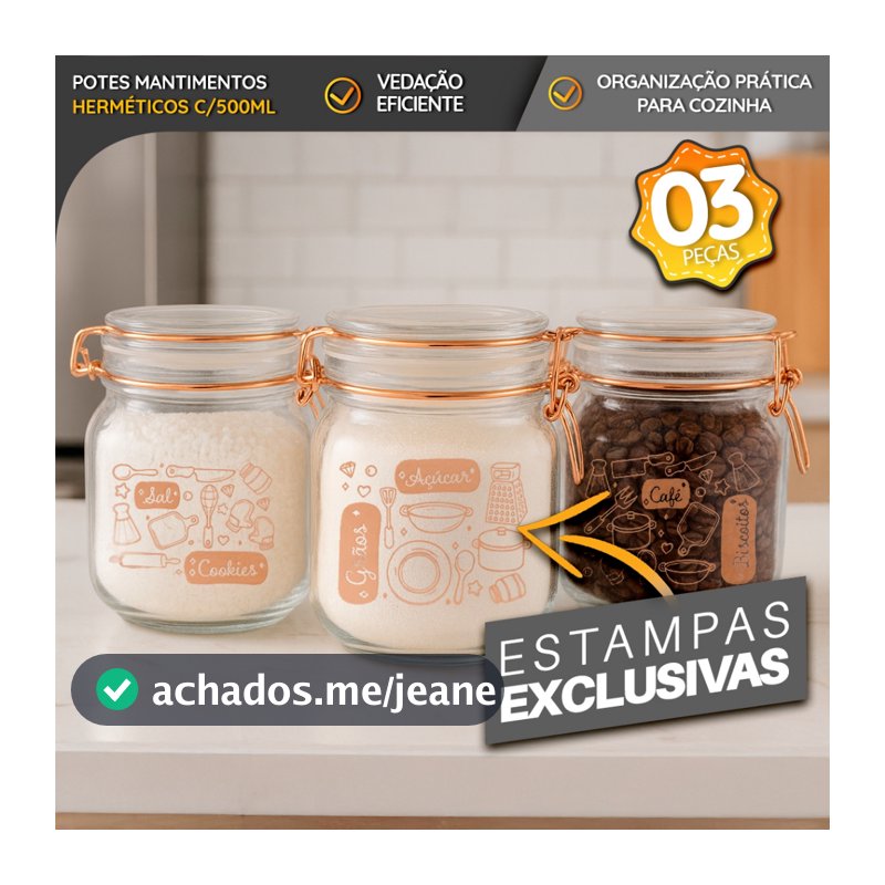 Kit 3 Potes Mantimentos Herméticos 500ml Vidro Transparente com Trava – Armazenamento e Mantimentos