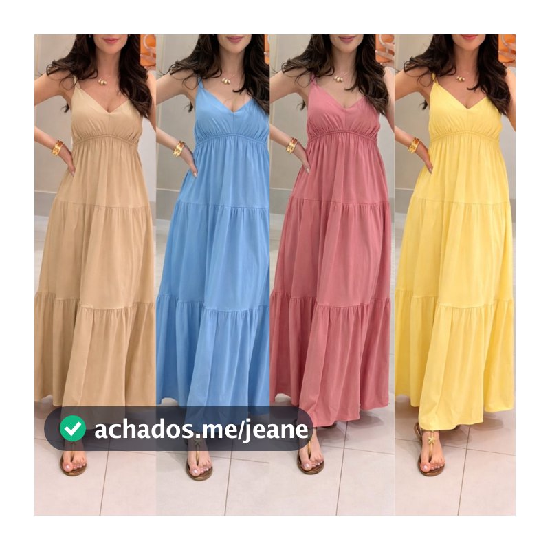 Vestido Longo Feminino Alcinha Decote V Lastex nas Costas Saia em Camadas Verão