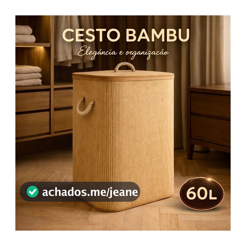 Cesto Bambu Dobrável Lyor 60l Tampa Cesto Roupa Suja Organizador Banheiro Quarto Ecológico Retangular Com Tampa E Forro
