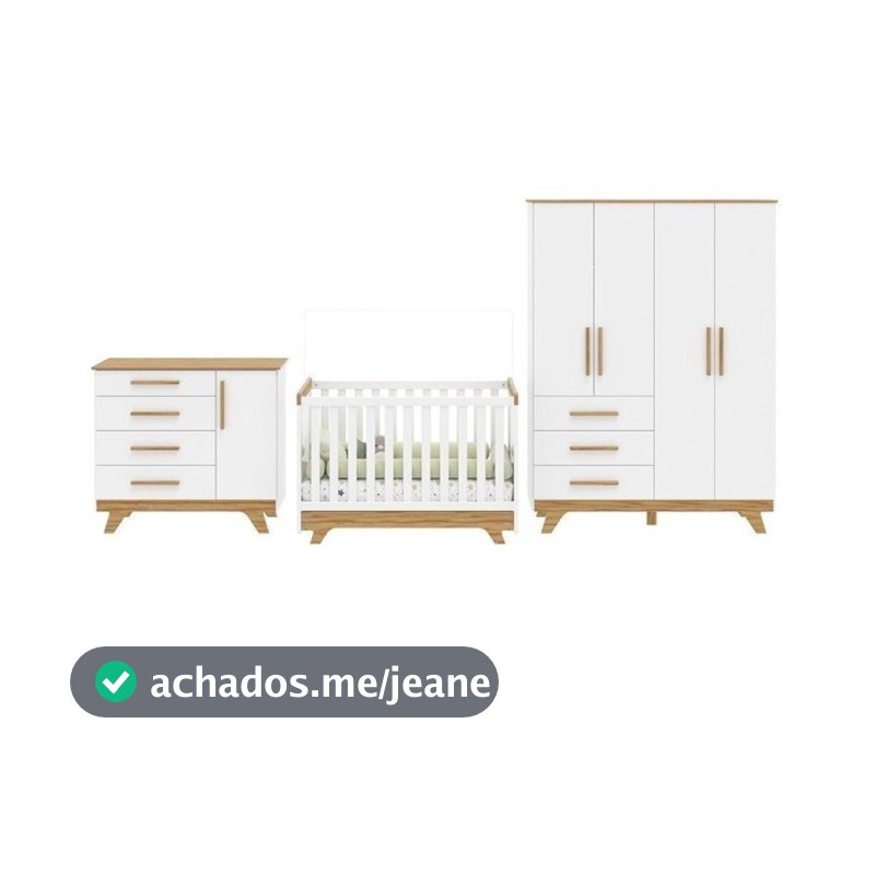 Quarto de Bebê Completo Berço 2 em 1, Cômoda e Guarda Roupa 100% MDF Kakau Yescasa Branco/Amêndoa Branco