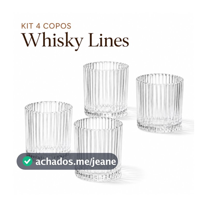 Jogo 4 Copos Baixos de Vidro Canelado 340ml Whisky Lines para Drink Água Suco Coquetel Bar e Festa