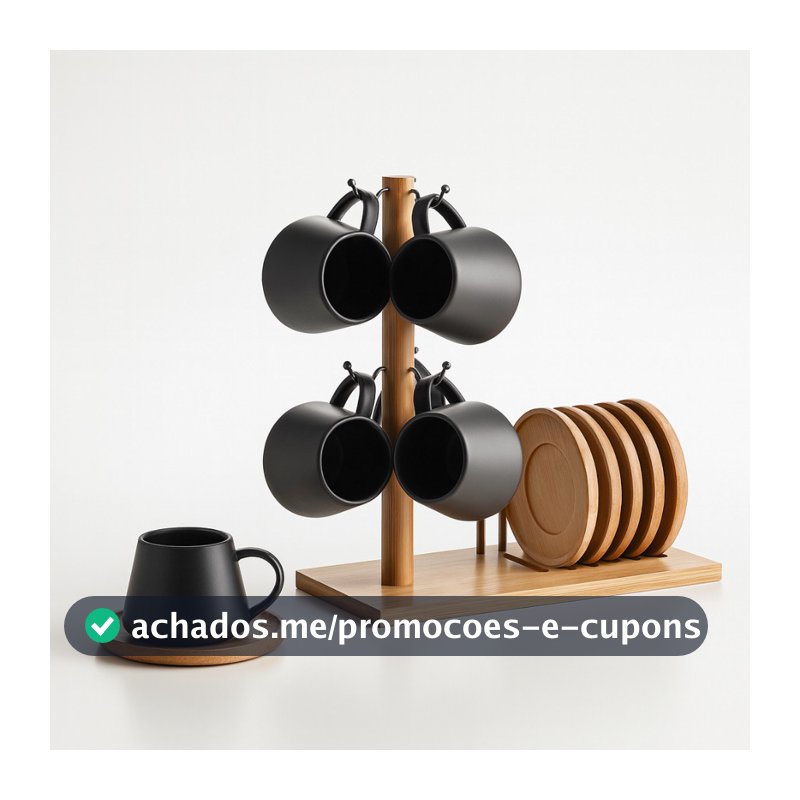Jogo 6 Xicaras Café 90ml Porcelana Pires Suporte Bambu Oásis