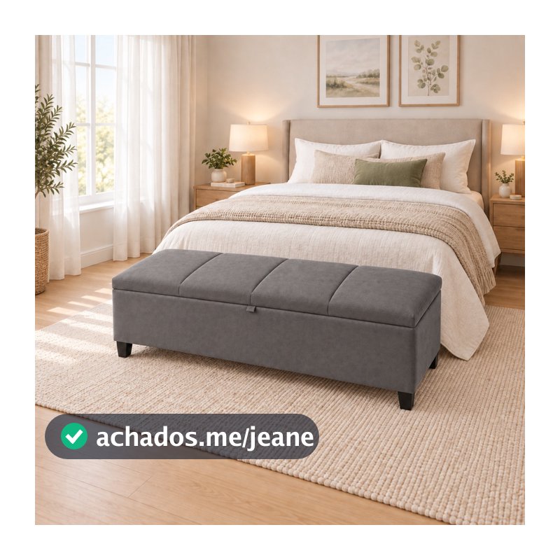 Recamier Baú Casal 120cm Veludo Cinza com Pés – Banco Calçadeira para Quarto com Armazenamento