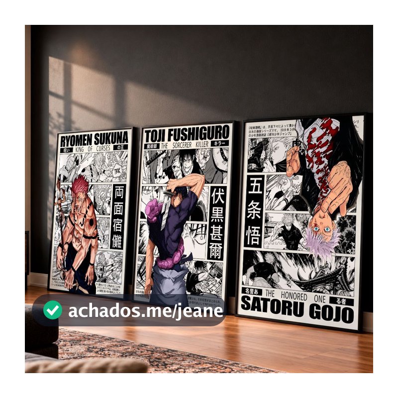 Kit 3 Quadros Parede Decorativo Gojo Toji Sukuna Jujutsu Kaisen Anime Vários Modelos MDF Luxo