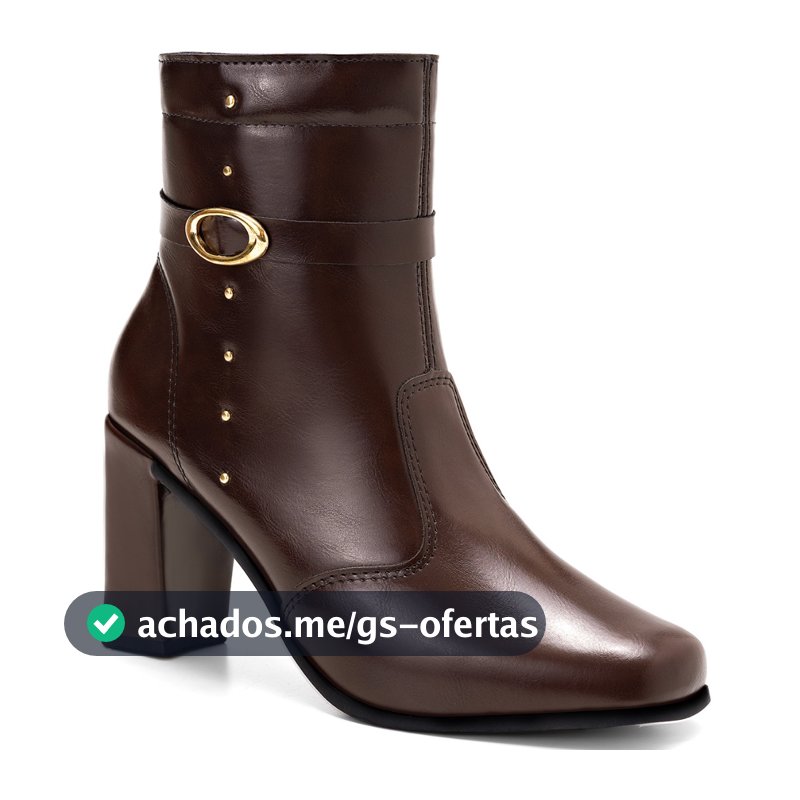Bota Feminina Lumiss Cano Curto Salto Alto Bloco Bico Quadrado Rebite Dourado