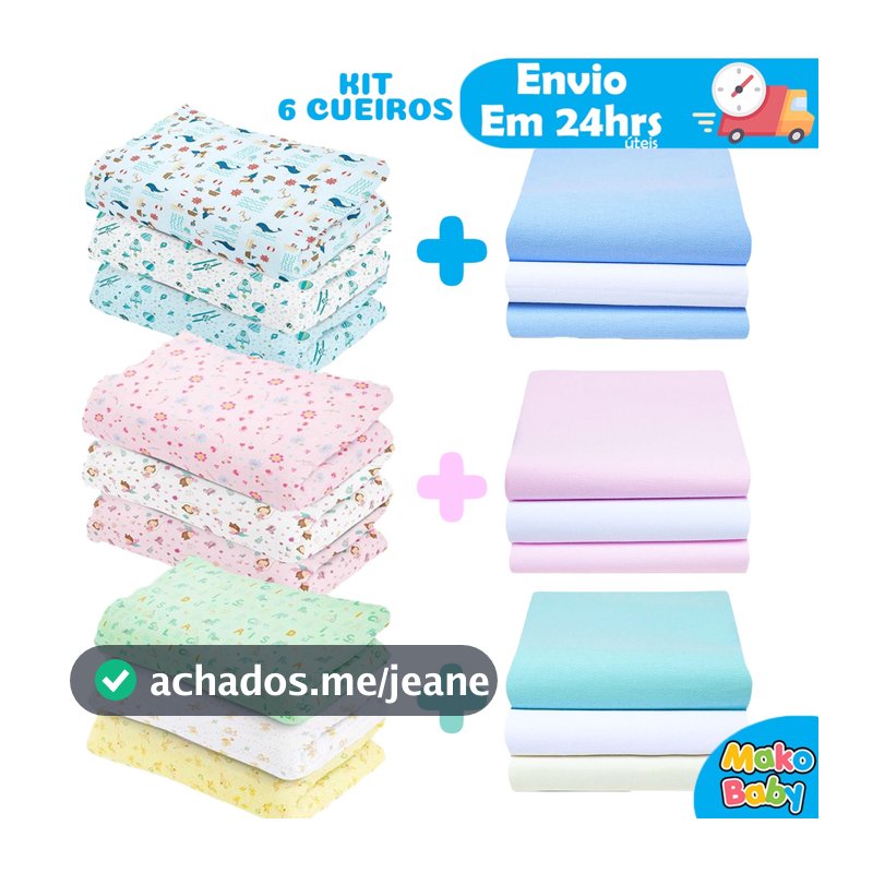 Kit 6 Cueiro Bebê Flanelado Estampado e Liso 80cm x 50cm 100% algodão