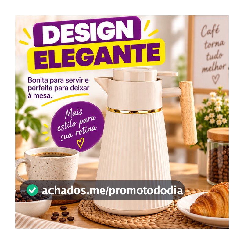 Garrafa Térmica Café 1L com Aro Dourado Alça Madeira 3 Cores