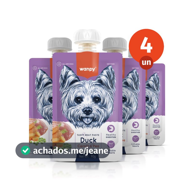 Kit 4 Truly Wanpy Petisco Creamy Sachê para Cães Sabor Pato, Cenoura e Ervilha 90g
