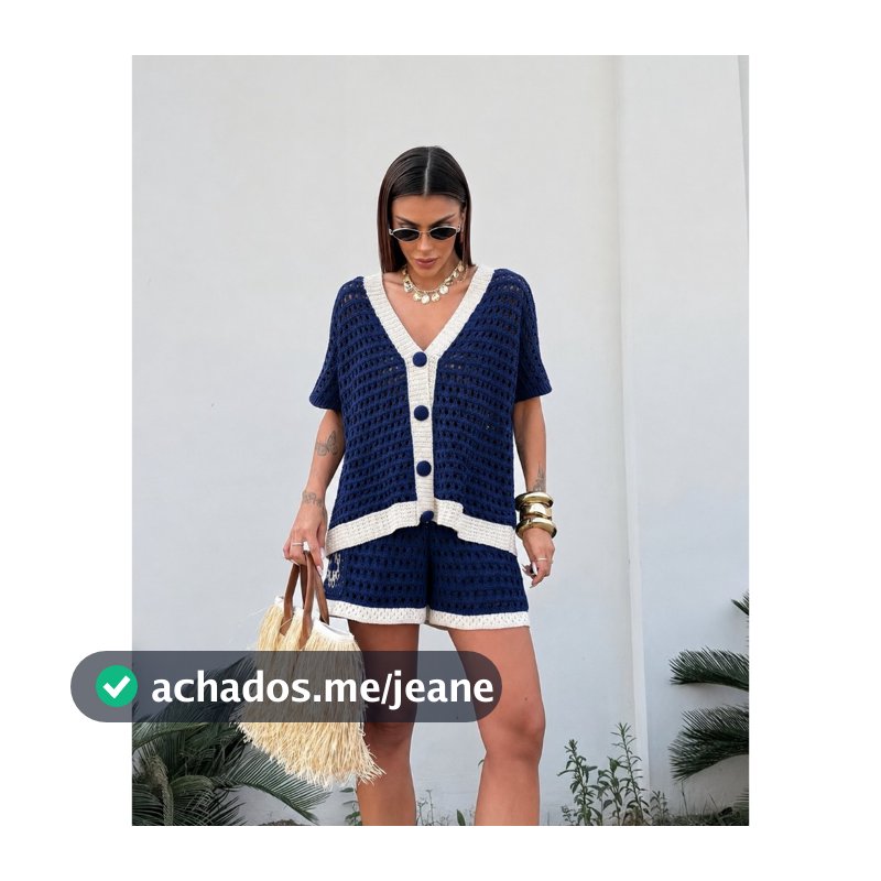 Conjunto Tricot Feminino Crochê Rendado Camisa Max Colete Botões e Short Forrado Verão Moda Confortável Tendência