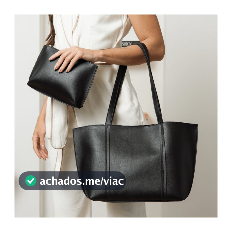 Kit Bolsa Sacola Tote Grande Minimalista com Bolsa Necessaire Interna Preta Alça de Ombro Premium