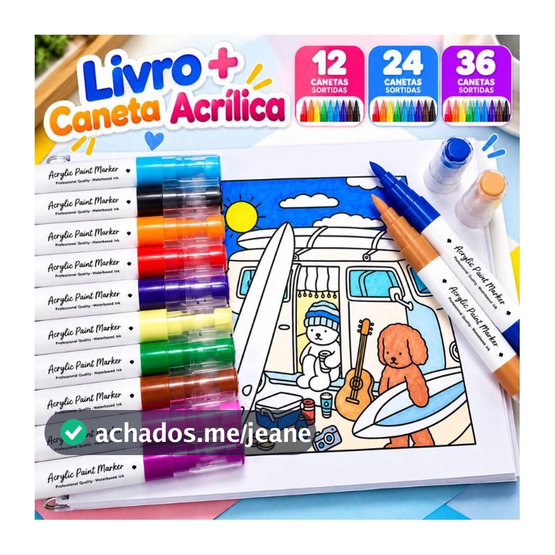 Kit Colorir Booboo Goods Livro 50 Folhas 180g + Canetinhas Ponta Dupla Ursinhos Cute com Acetato