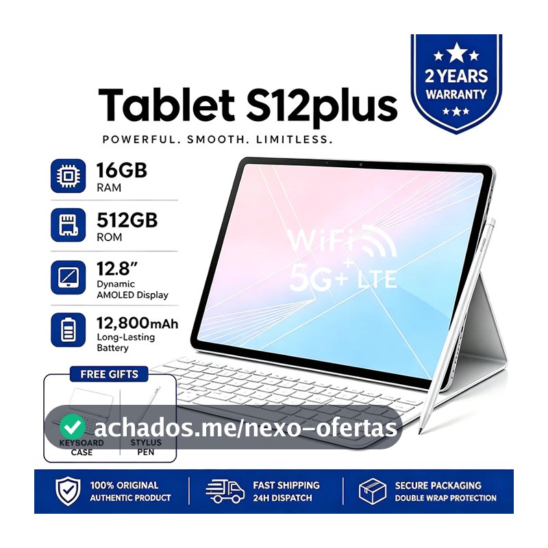 Tablet S12 Plus -12.8 inch 16GB+512GB Android 16 12800mAh Ideal para Estudos e Jogos Combo com Teclado e Mouse