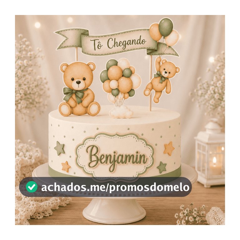 Topo de Bolo Chá de Bebê - Revelação - Ursinho Verde - Personalizado