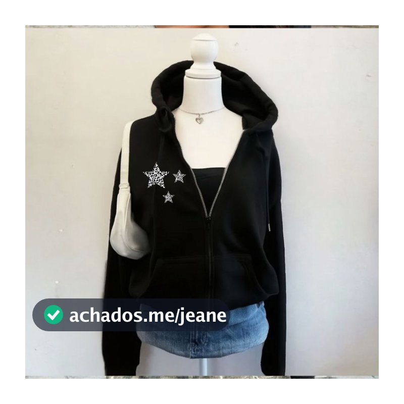 Moletom Ziper Oversized Feminino Flanelado Y2K com Capuz Estrela Cores Preto e Cinza Para o Inverno