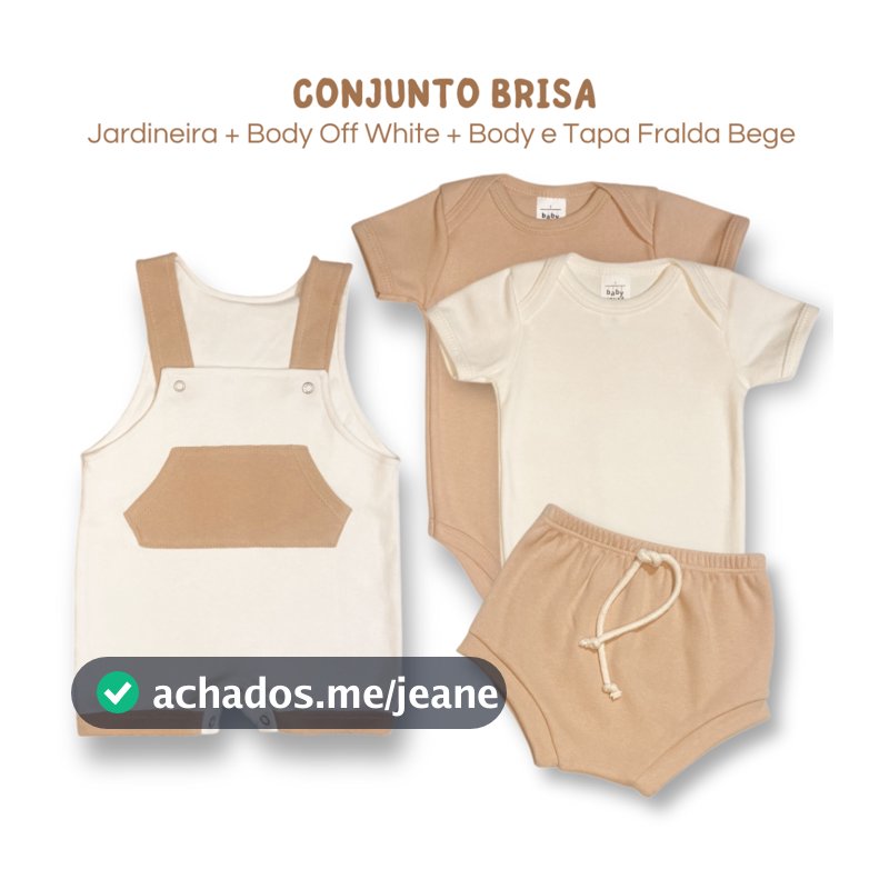 KIT Body Bebê Brisa com 4 Peças Suedine 100% Algodão Enxoval Jardineira, Tapa Fralda, Body Bebe