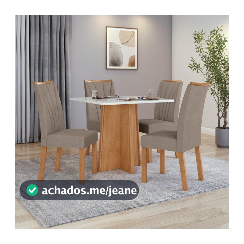 Conjunto Sala de Jantar Mesa Celebrare 90x90 Tampo Vidro/MDF com 4 Cad Apogeu Suede Amendoa/off