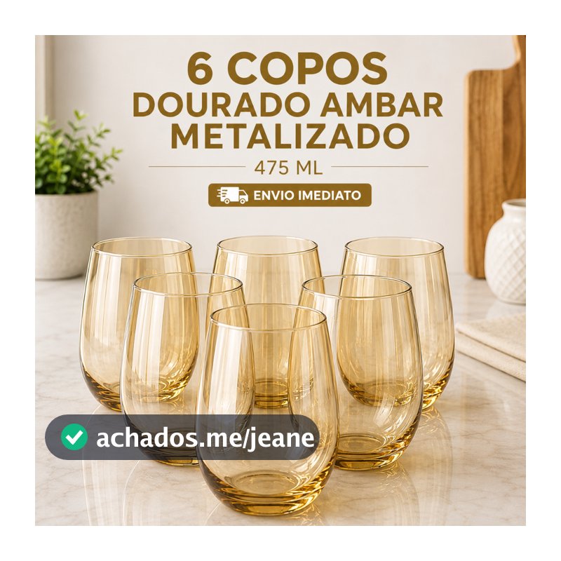 Jogo 12/6/4 Copos Vidro Dourado Metalizado Luxo 475ml - Resistente Aruba