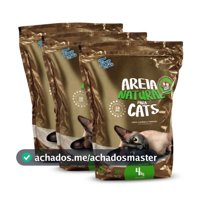 Areia Higiênica Biodegradável Tiger Cats 12Kg (3 pacotes de 4 kg) - Mandioca - Grãos finos